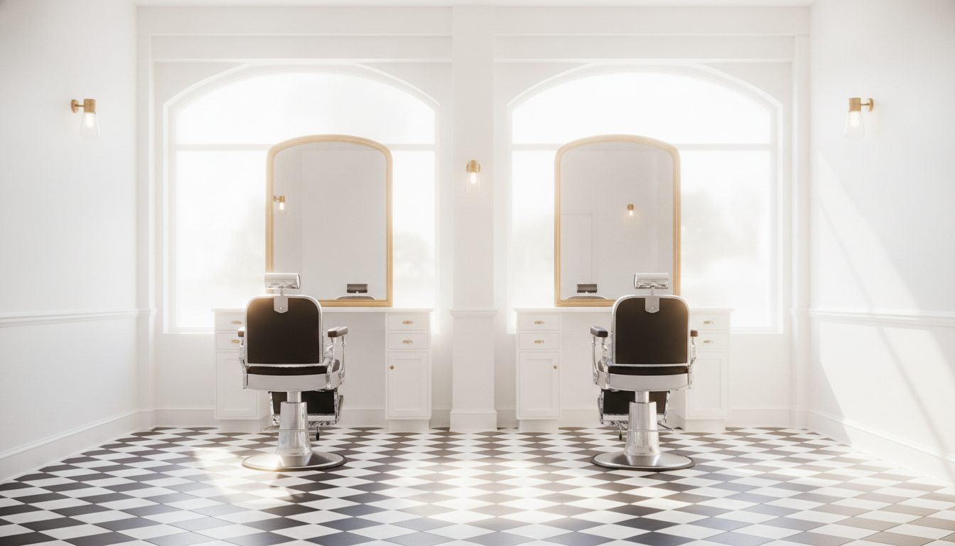 A bright barbershop interior with a checkerboard floor and daylight from the front windows