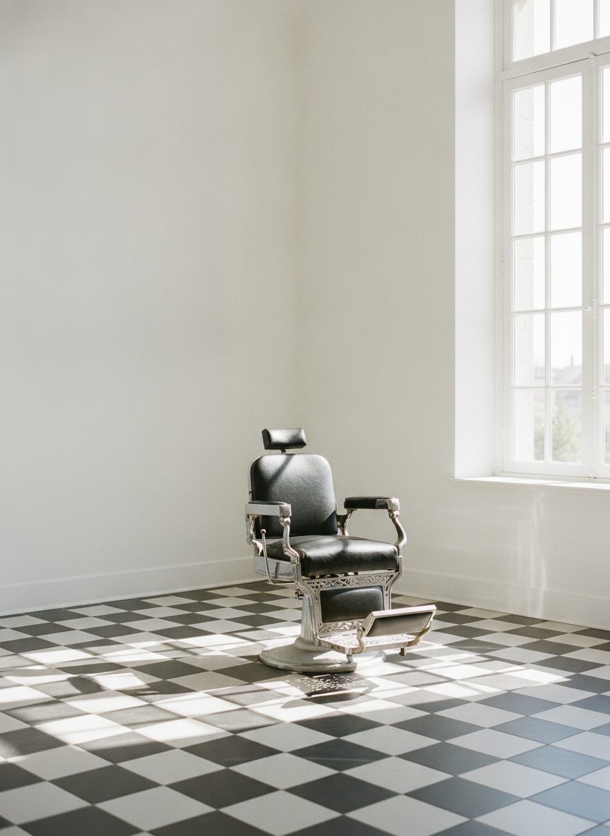 A single barber chair standing on a checkerboard floor beside a sunlit window