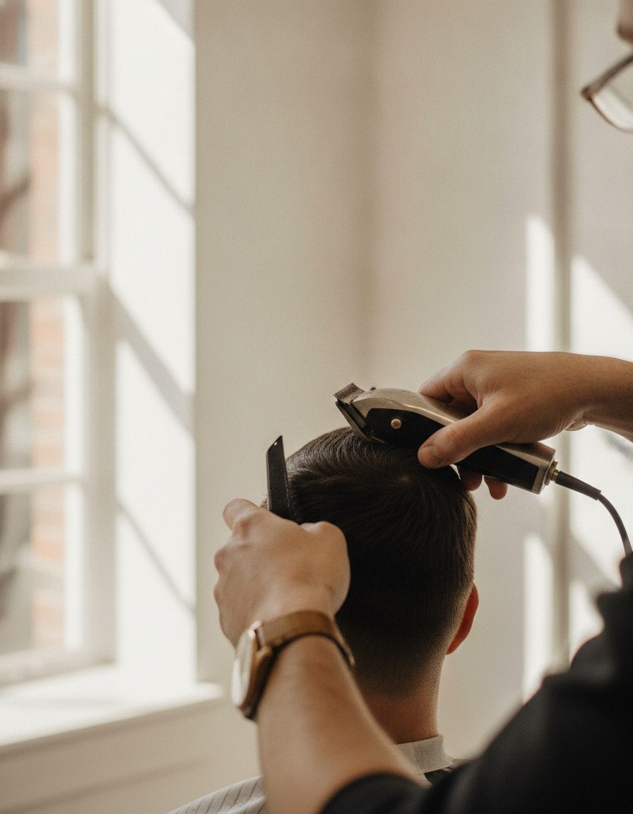 Clippers tapering the back of a short haircut in bright daylight