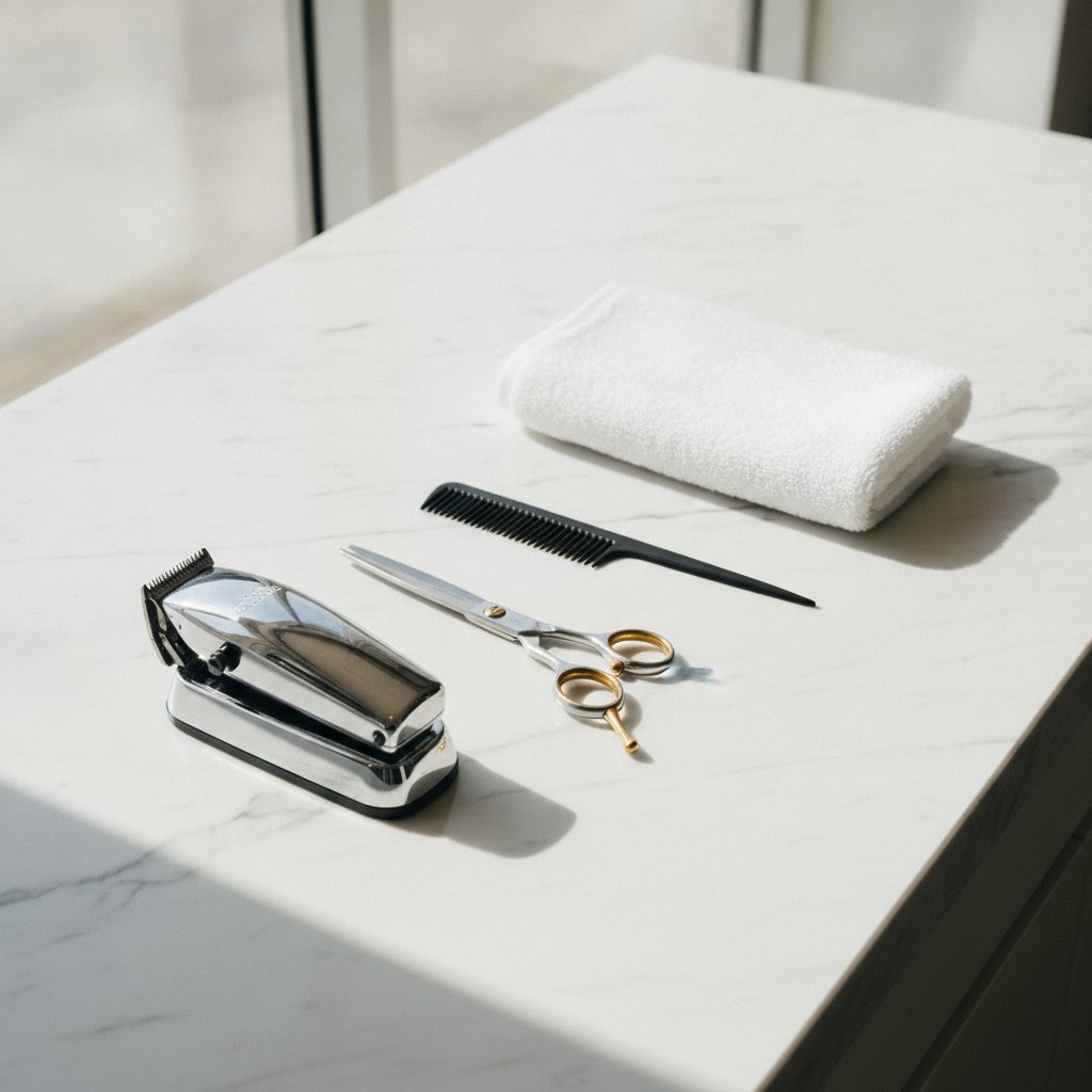 Clippers, shears, comb and a folded towel laid out on a pale counter